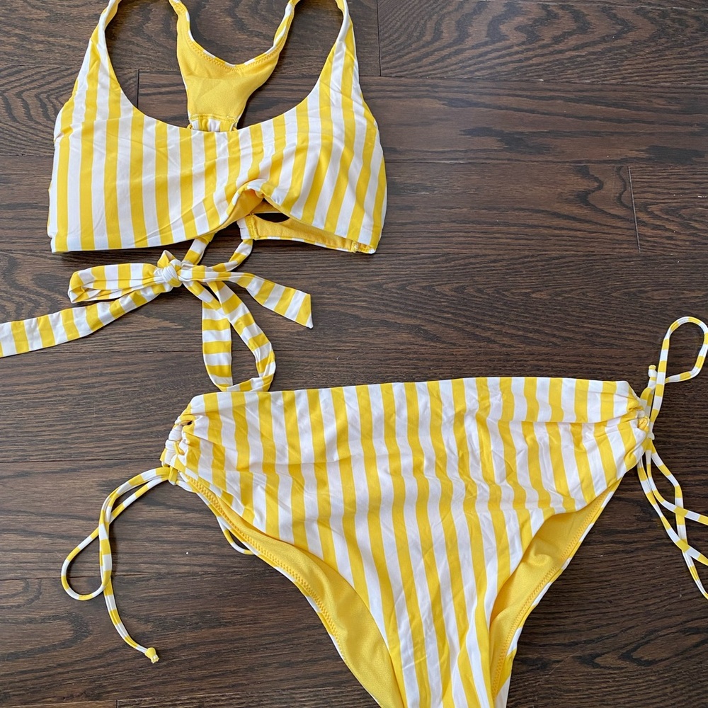 la vie en rose aqua Yellow and White Striped Bikini Set